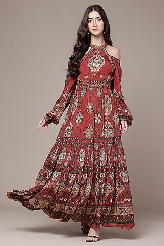 Rust Viscose Flared Maxi Dress by Ritu Kumar