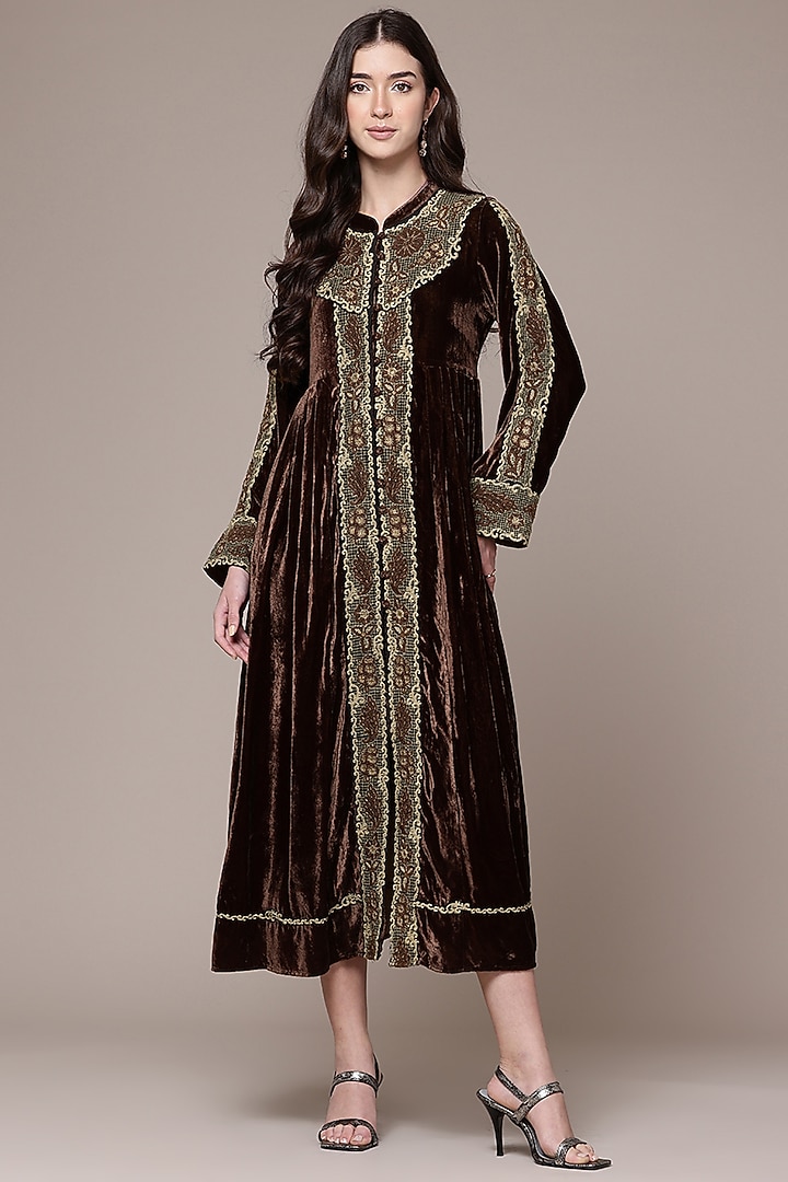 Brown Viscose & Nylon Midi Cocktail Dress by Ritu Kumar at Pernia's Pop Up Shop