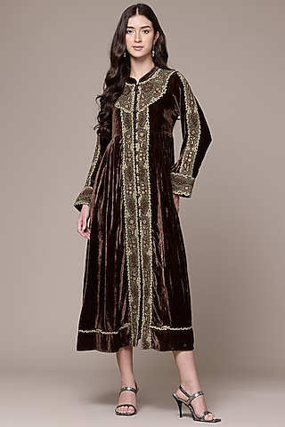 Brown Viscose & Nylon Midi Dress by Ritu Kumar