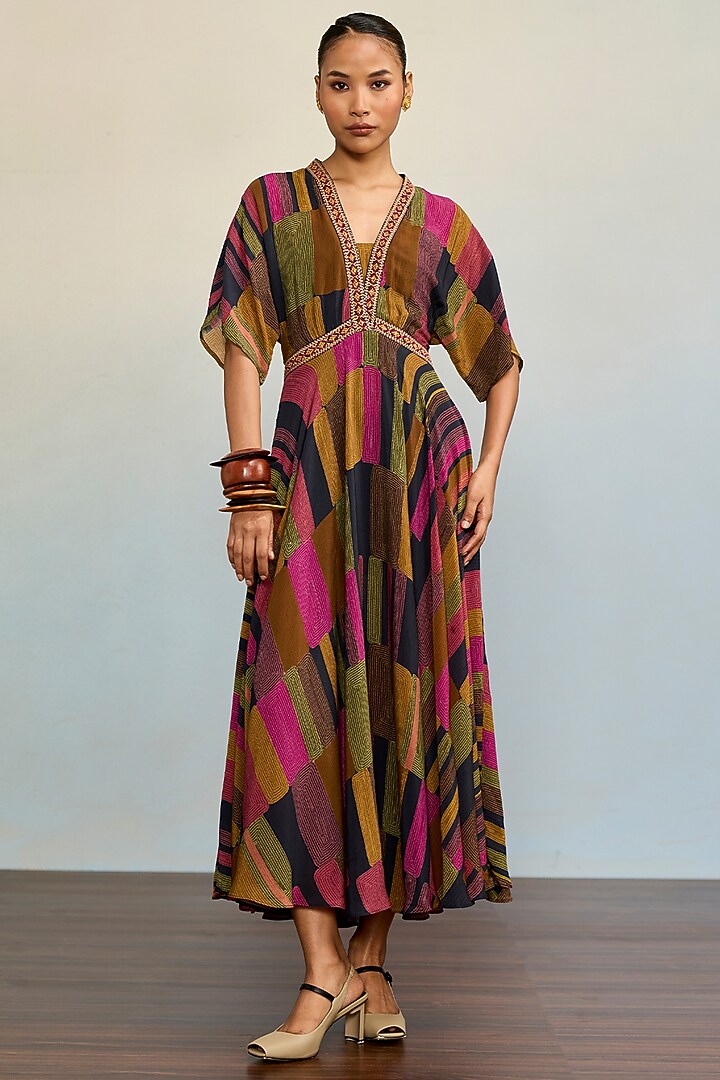 Black Rayon Crepe Midi Summer Dress with Camisole by Ritu Kumar at Pernia's Pop Up Shop