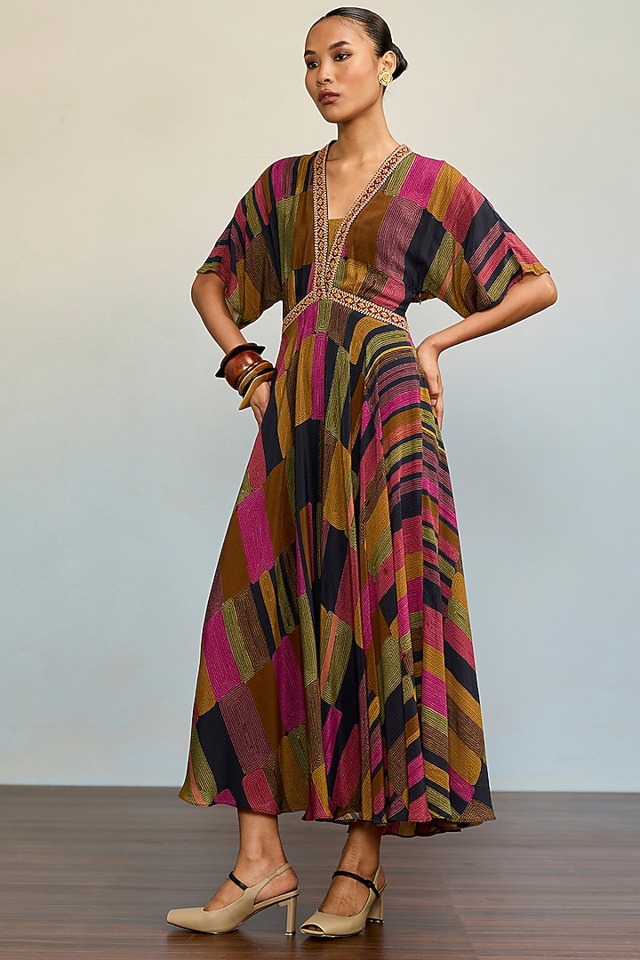 Black Rayon Crepe Midi Summer Dress with Camisole by Ritu Kumar at Pernia's Pop Up Shop