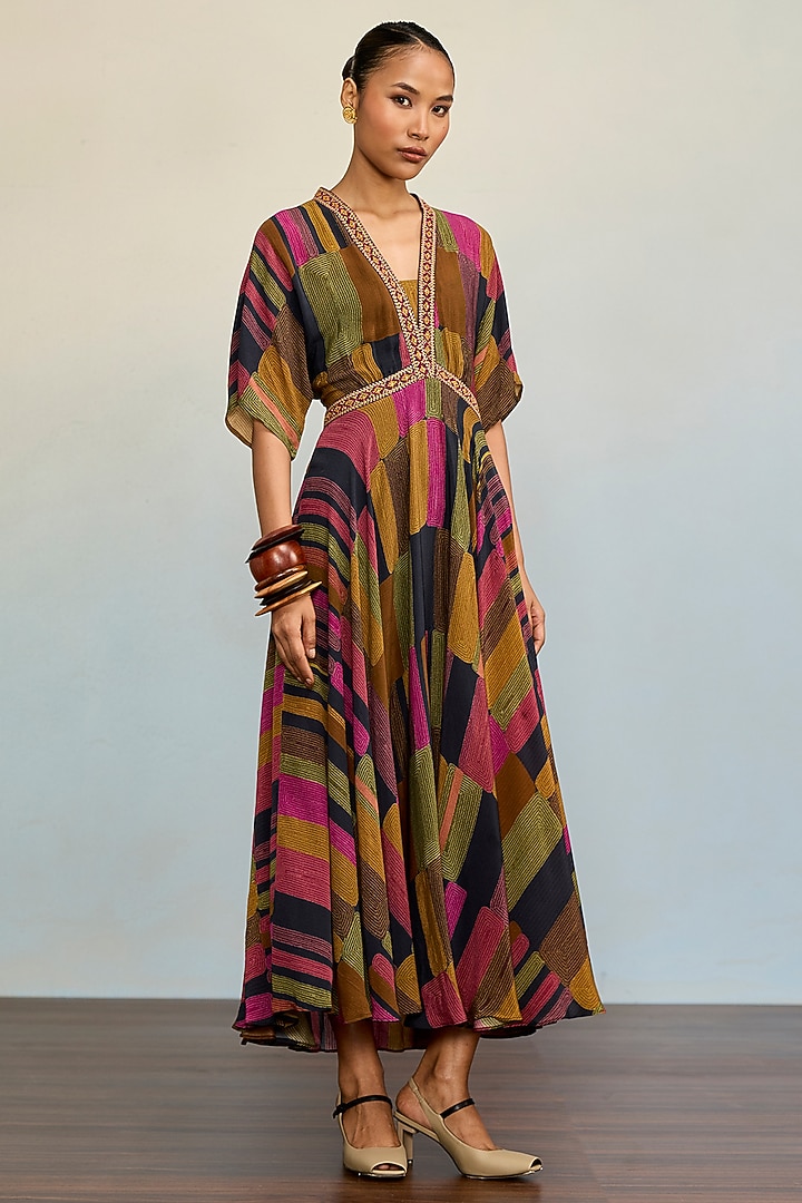 Black Rayon Crepe Midi Summer Dress with Camisole by Ritu Kumar at Pernia's Pop Up Shop