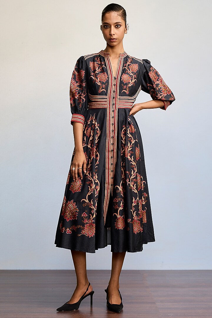 Black Chanderi Silk Midi Vacation Dress by Ritu Kumar at Pernia's Pop Up Shop