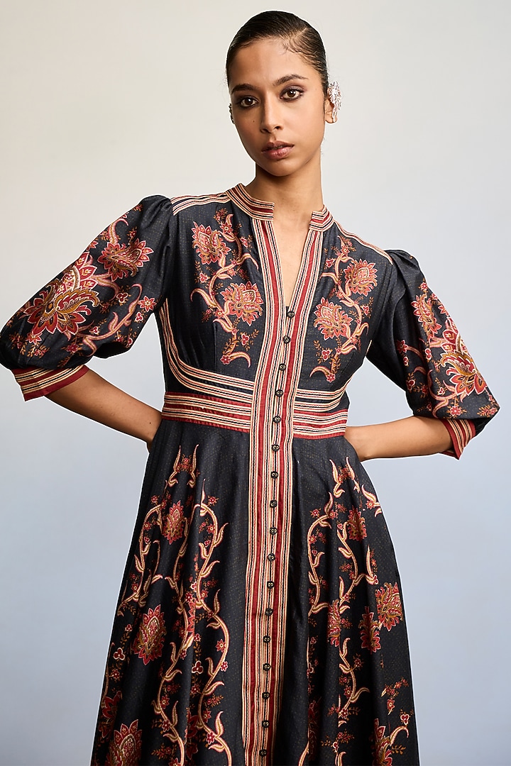 Black Chanderi Silk Midi Vacation Dress by Ritu Kumar at Pernia's Pop Up Shop