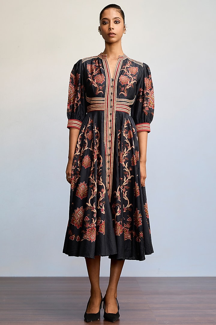 Black Chanderi Silk Midi Vacation Dress by Ritu Kumar at Pernia's Pop Up Shop