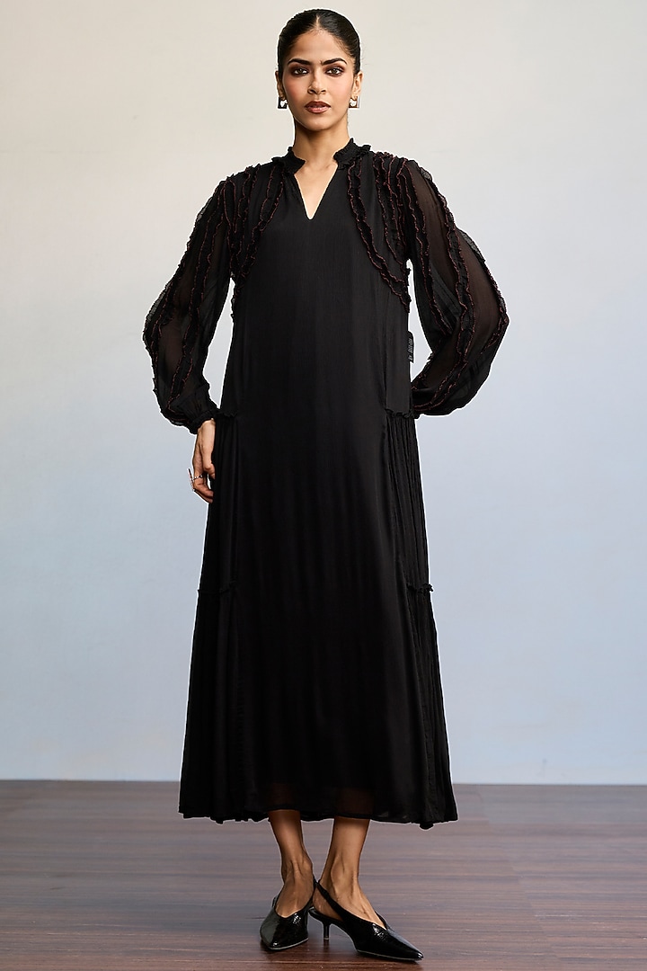 Black Viscose Chinon Maxi Summer Dress by Ritu Kumar at Pernia's Pop Up Shop