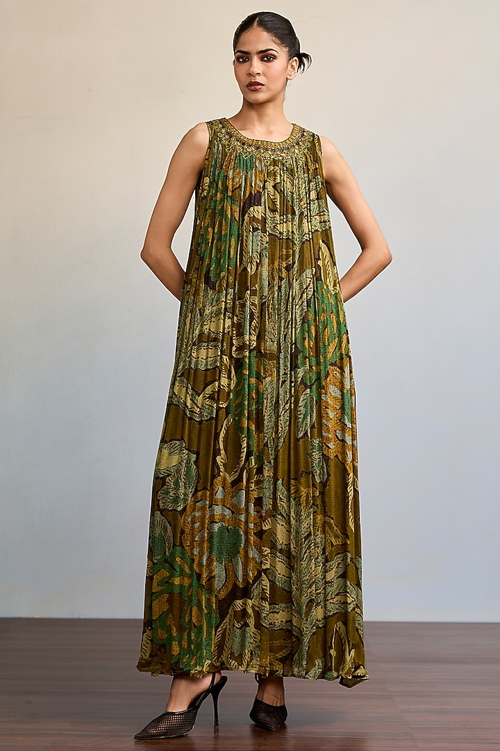 Green Viscose Chinon Maxi Summer Dress by Ritu Kumar at Pernia's Pop Up Shop