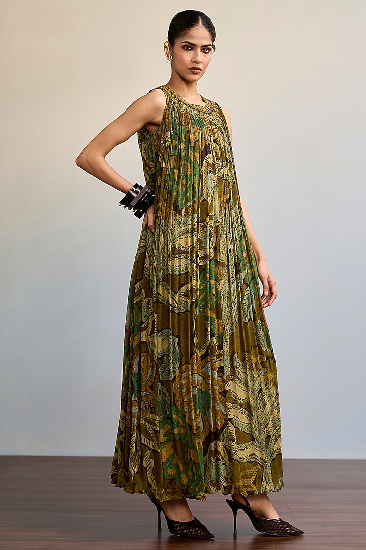 Green Viscose Chinon Maxi Summer Dress by Ritu Kumar at Pernia's Pop Up Shop