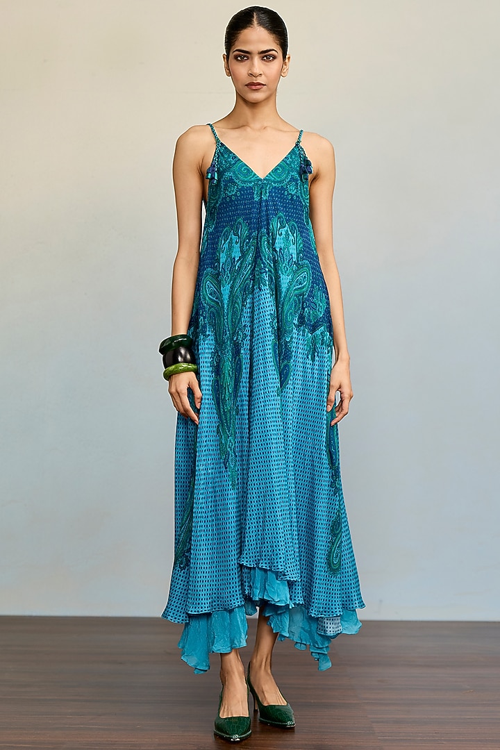 Blue Viscose Chinon Maxi Summer Dress by Ritu Kumar at Pernia's Pop Up Shop