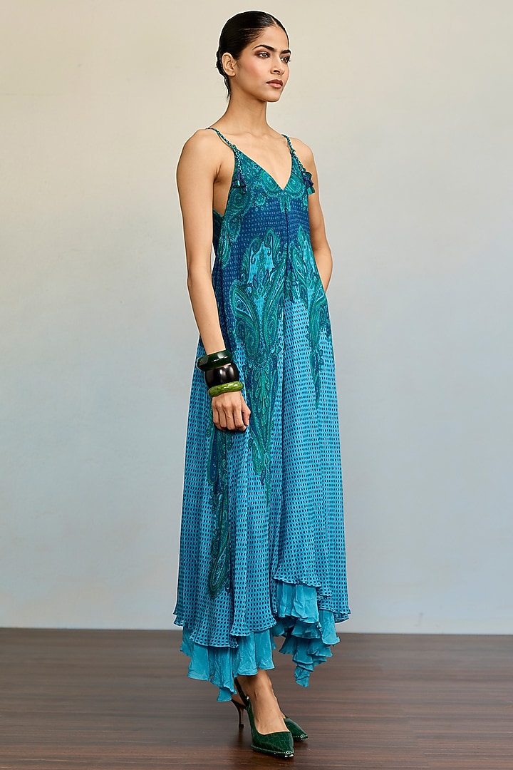 Blue Viscose Chinon Maxi Summer Dress by Ritu Kumar at Pernia's Pop Up Shop