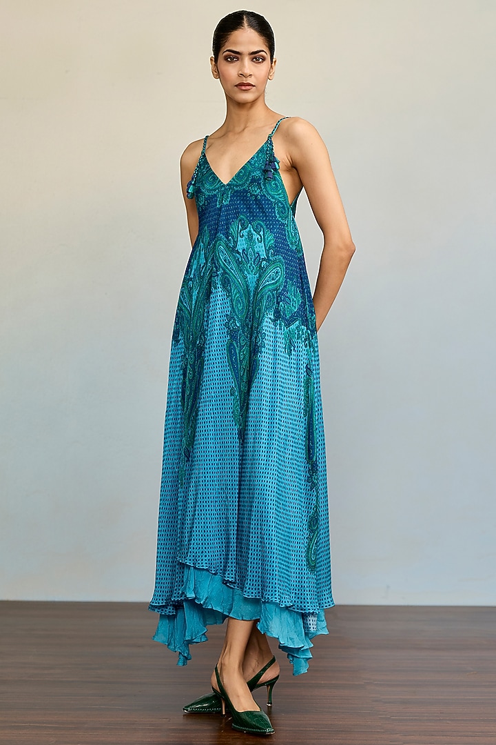 Blue Viscose Chinon Maxi Summer Dress by Ritu Kumar at Pernia's Pop Up Shop