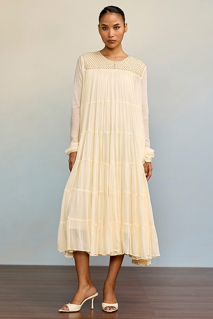 Ecru Viscose Chinon Maxi Vacation Dress by Ritu Kumar at Pernia's Pop Up Shop