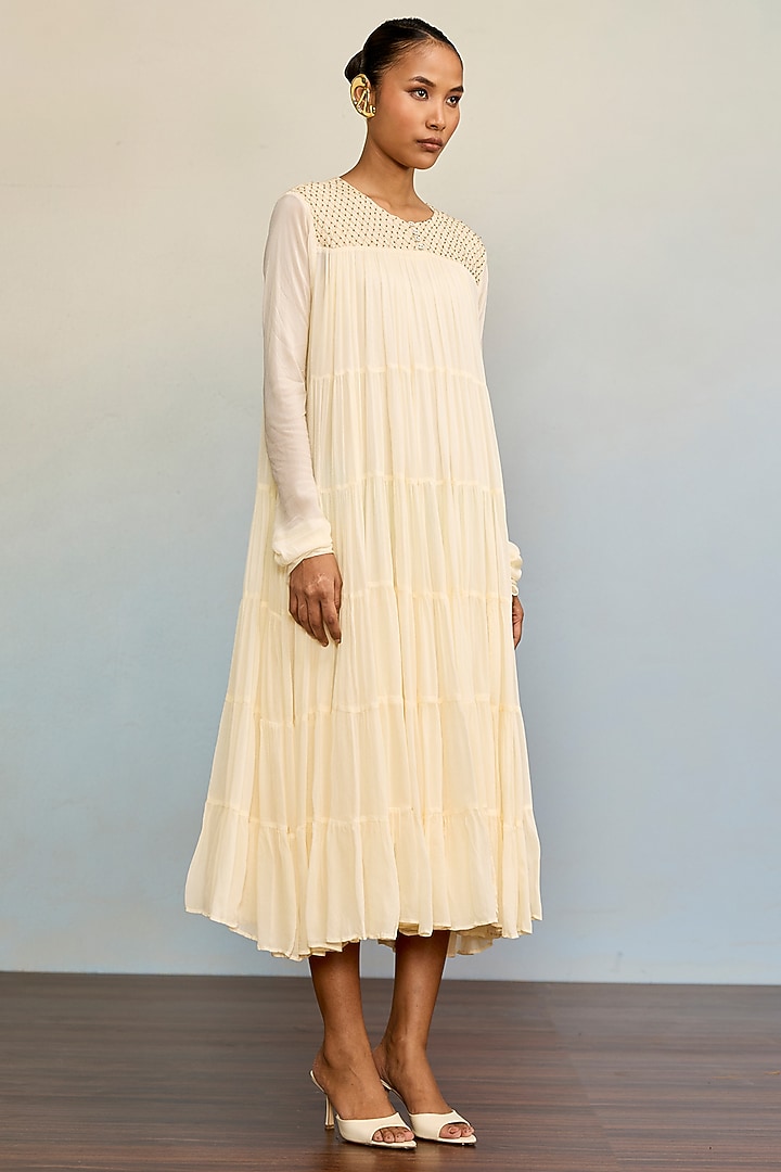 Ecru Viscose Chinon Maxi Vacation Dress by Ritu Kumar at Pernia's Pop Up Shop