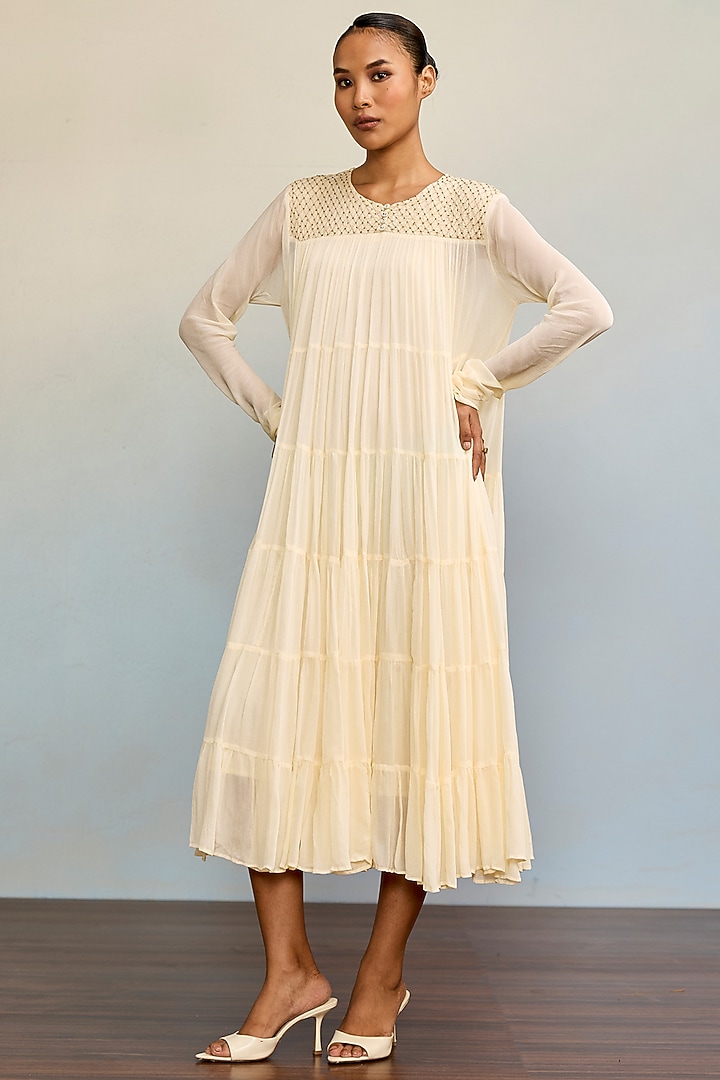 Ecru Viscose Chinon Maxi Vacation Dress by Ritu Kumar at Pernia's Pop Up Shop