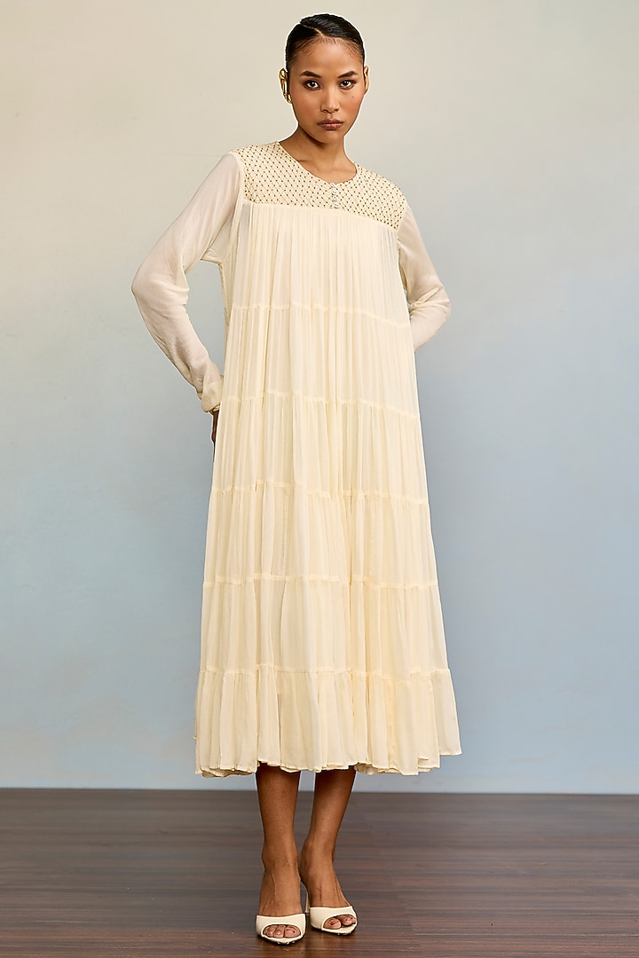 Ecru Viscose Chinon Maxi Vacation Dress by Ritu Kumar at Pernia's Pop Up Shop