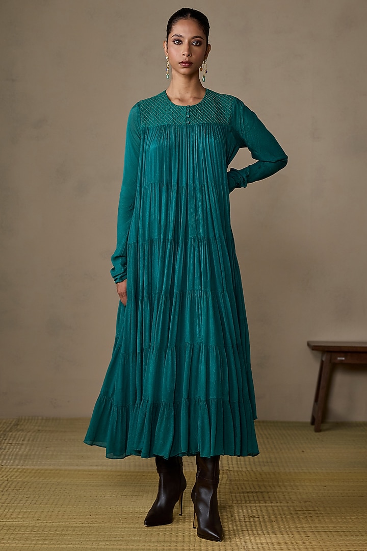 Teal Viscose Chinon Maxi Vacation Dress by Ritu Kumar at Pernia's Pop Up Shop