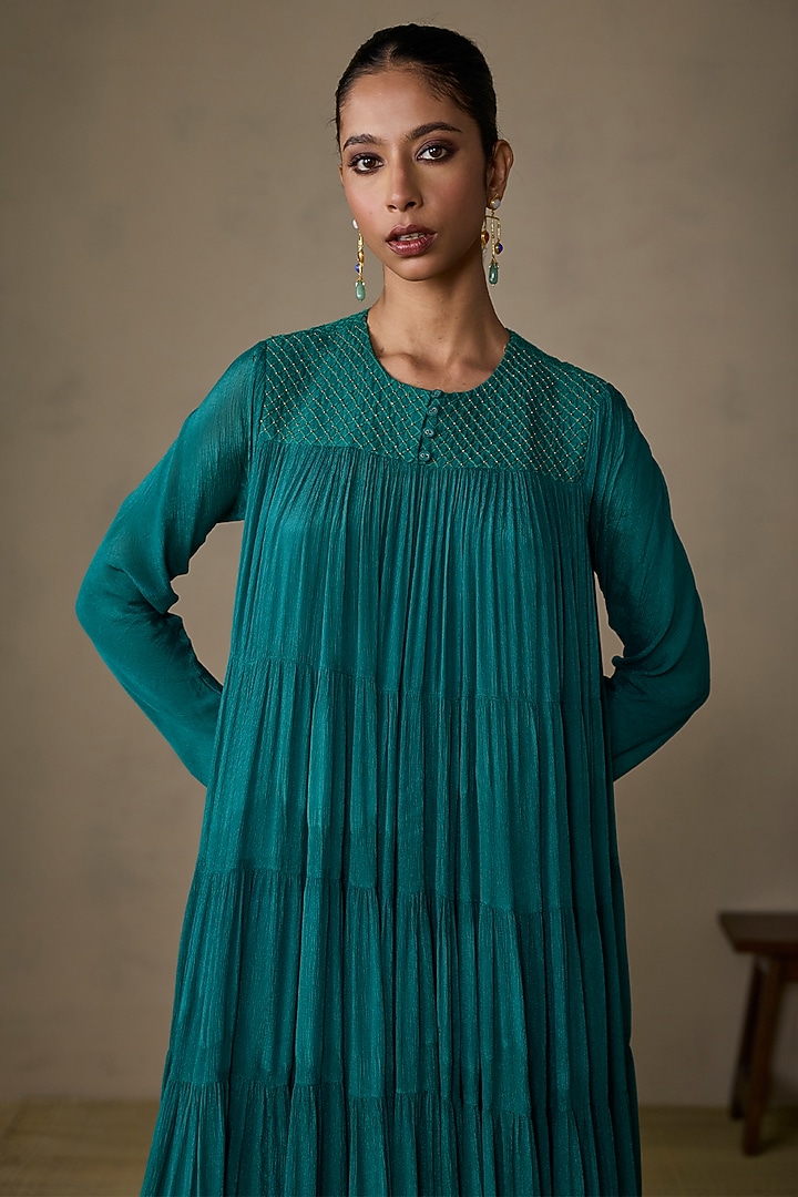 Teal Viscose Chinon Maxi Vacation Dress by Ritu Kumar at Pernia's Pop Up Shop
