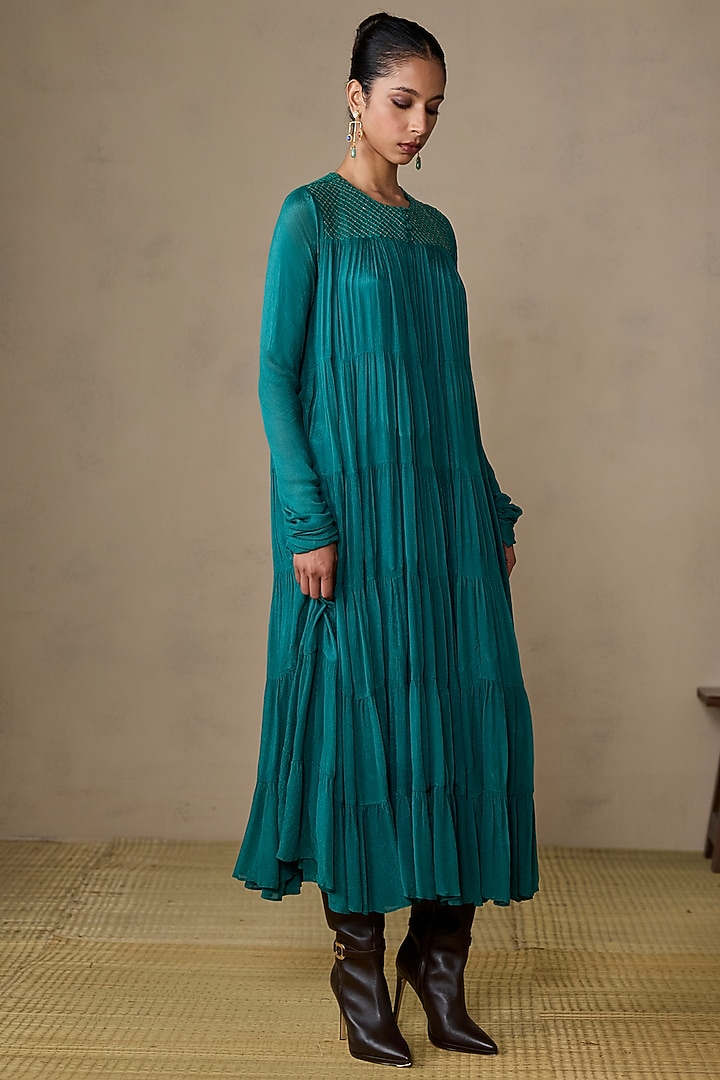 Teal Viscose Chinon Maxi Vacation Dress by Ritu Kumar at Pernia's Pop Up Shop