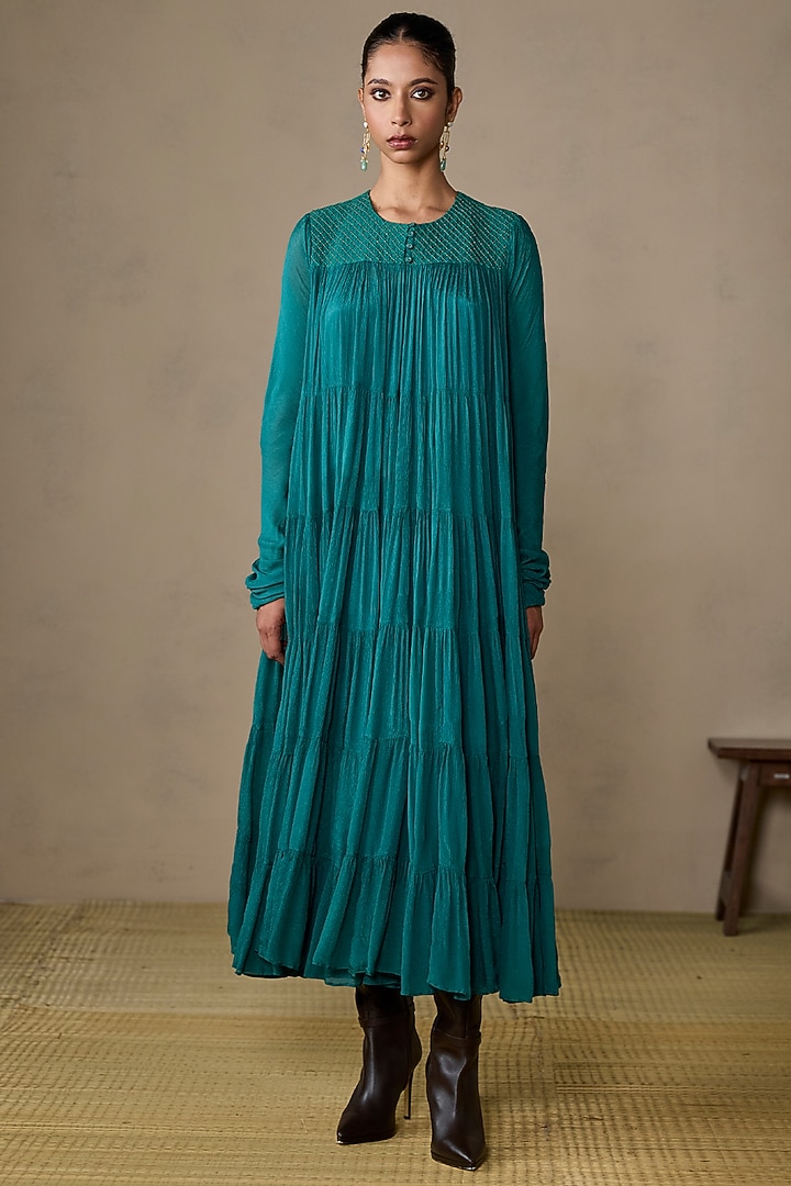 Teal Viscose Chinon Maxi Vacation Dress by Ritu Kumar at Pernia's Pop Up Shop