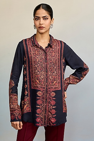 Blue Viscose Dupion Shirt by ritu kumar