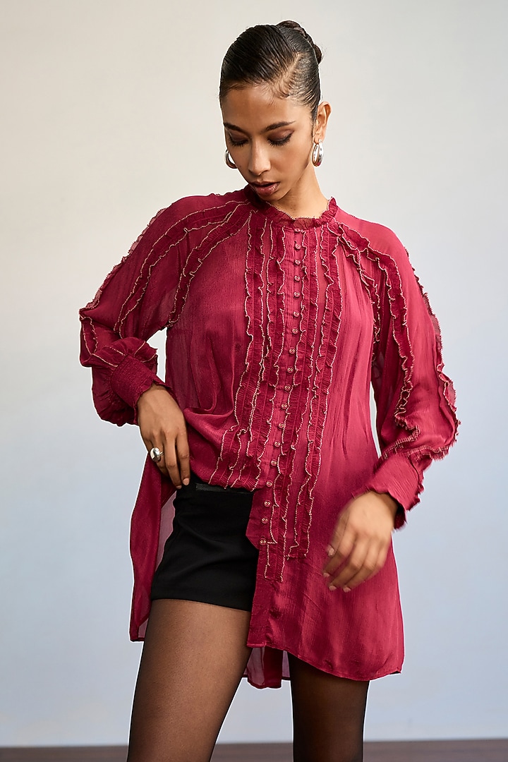 Maroon Viscose Chinon Top With Camisole by Ritu Kumar at Pernia's Pop Up Shop