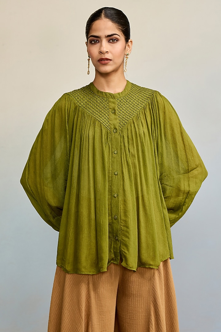 Olive Green Viscose Chinon Top With Camisole by Ritu Kumar at Pernia's Pop Up Shop