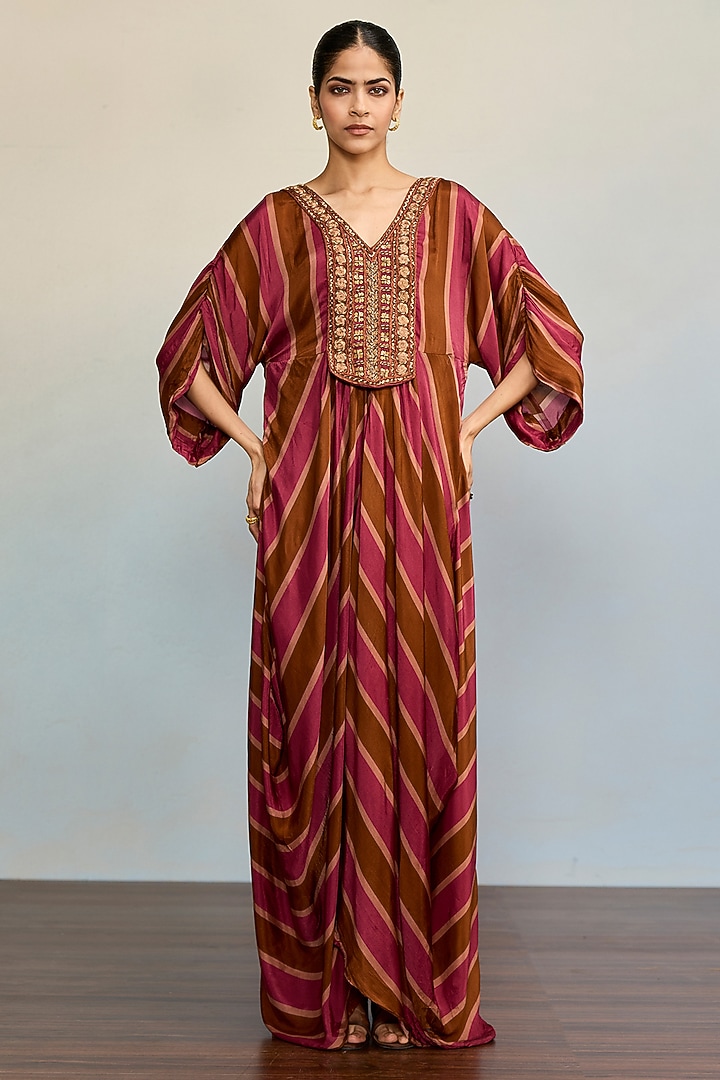 Blush Brown Satin Chinon Kaftan Vacation Dress by Ritu Kumar at Pernia's Pop Up Shop