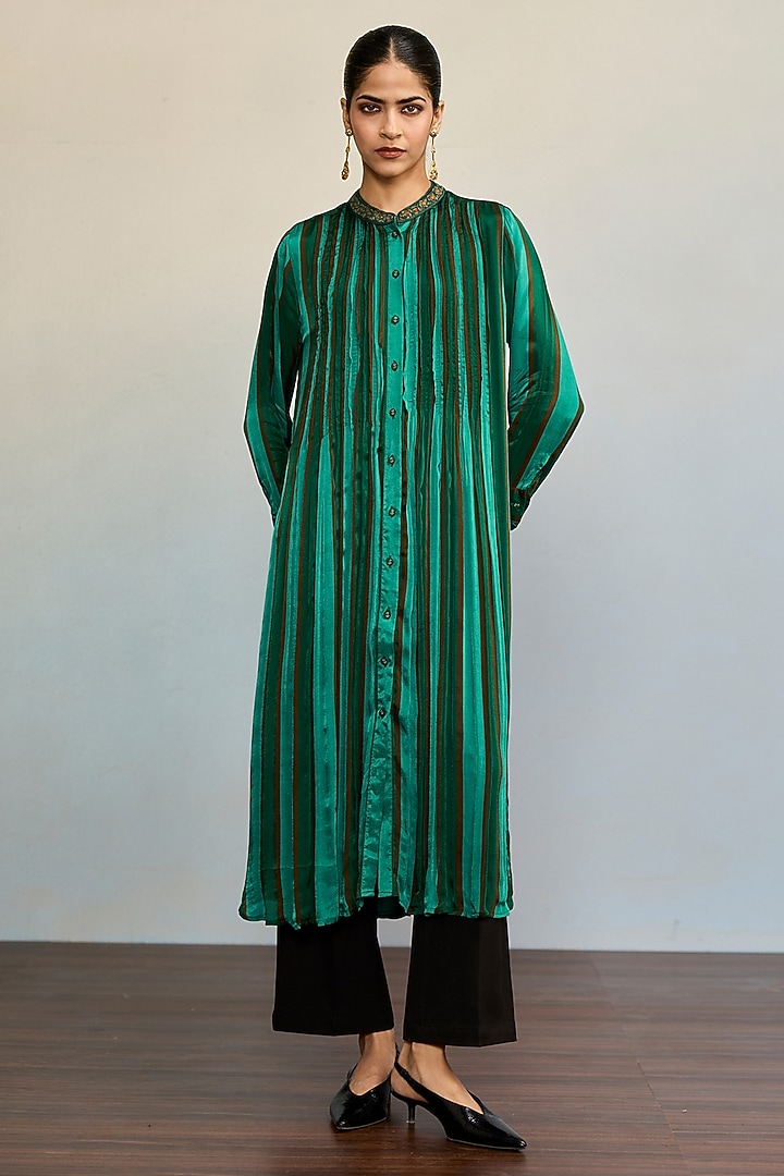 Green Satin Chinon Kurta by Ritu Kumar at Pernia's Pop Up Shop