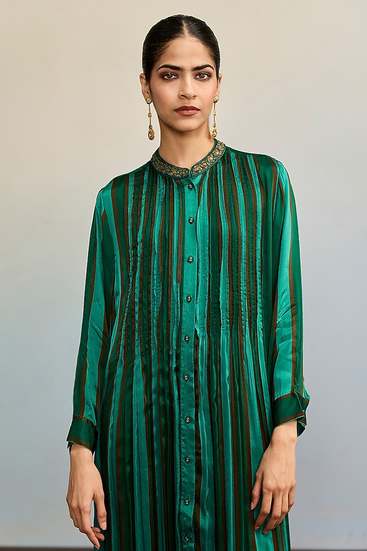 Green Satin Chinon Kurta by Ritu Kumar at Pernia's Pop Up Shop