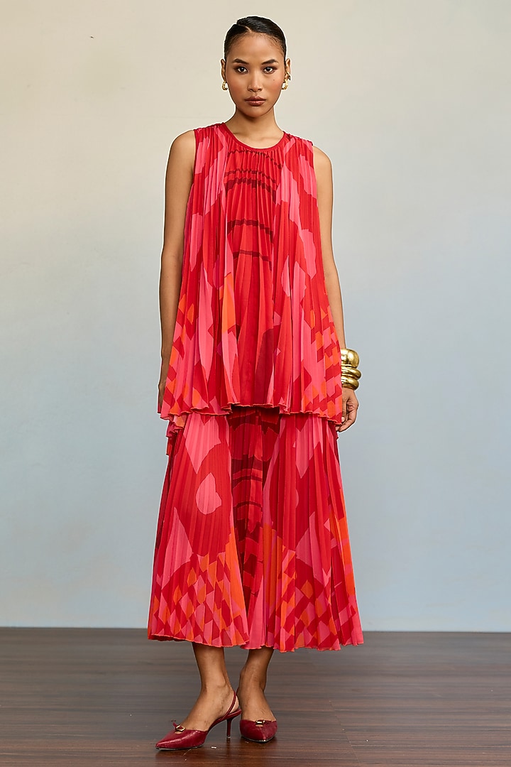 Red Polyester Georgette Maxi Vacation Dress by Ritu Kumar at Pernia's Pop Up Shop
