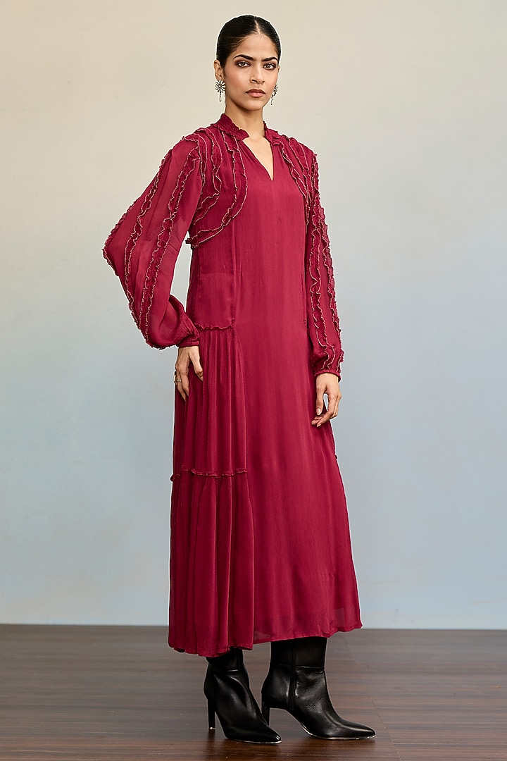 Maroon Viscose Chiffon Maxi Summer Dress by Ritu Kumar at Pernia's Pop Up Shop