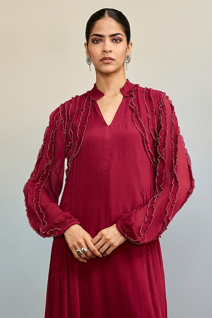 Maroon Viscose Chiffon Maxi Summer Dress by Ritu Kumar at Pernia's Pop Up Shop
