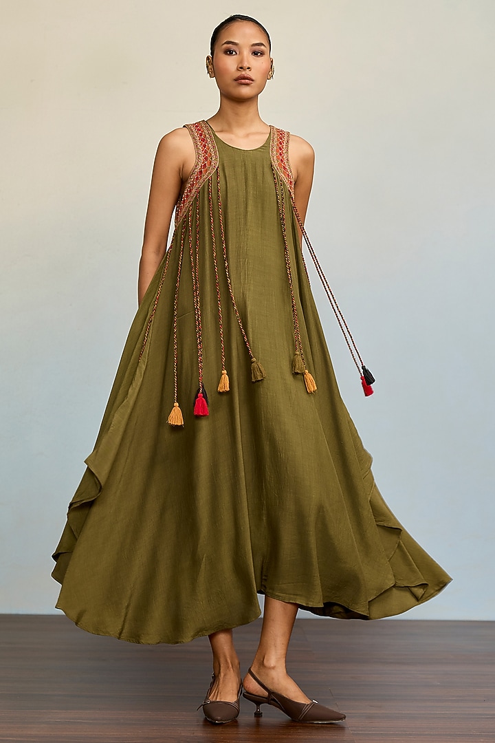 Green Vintage Crepe Maxi Vacation Dress by Ritu Kumar at Pernia's Pop Up Shop
