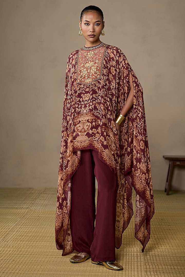 Brown &v Beige Viscose Cape Set by Ritu Kumar at Pernia's Pop Up Shop