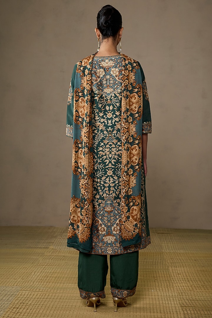 Emerald Green & Beige Silk Chanderi Floral Kurta Set by Ritu Kumar at Pernia's Pop Up Shop