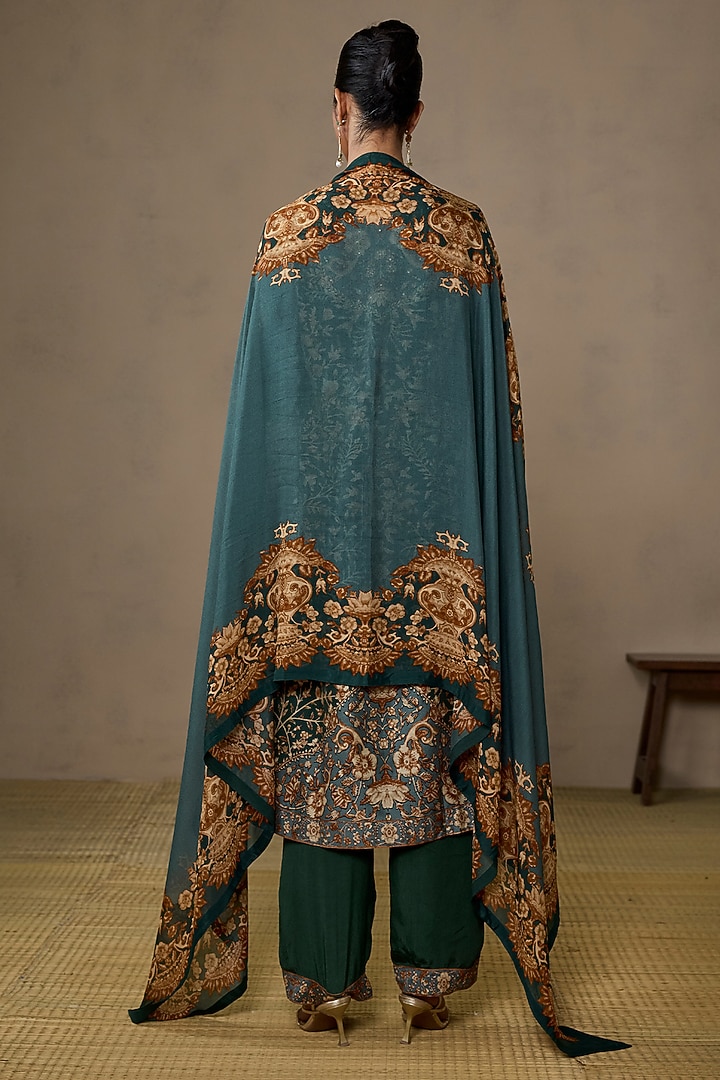 Emerald Green & Beige Silk Chanderi Floral Kurta Set by Ritu Kumar at Pernia's Pop Up Shop