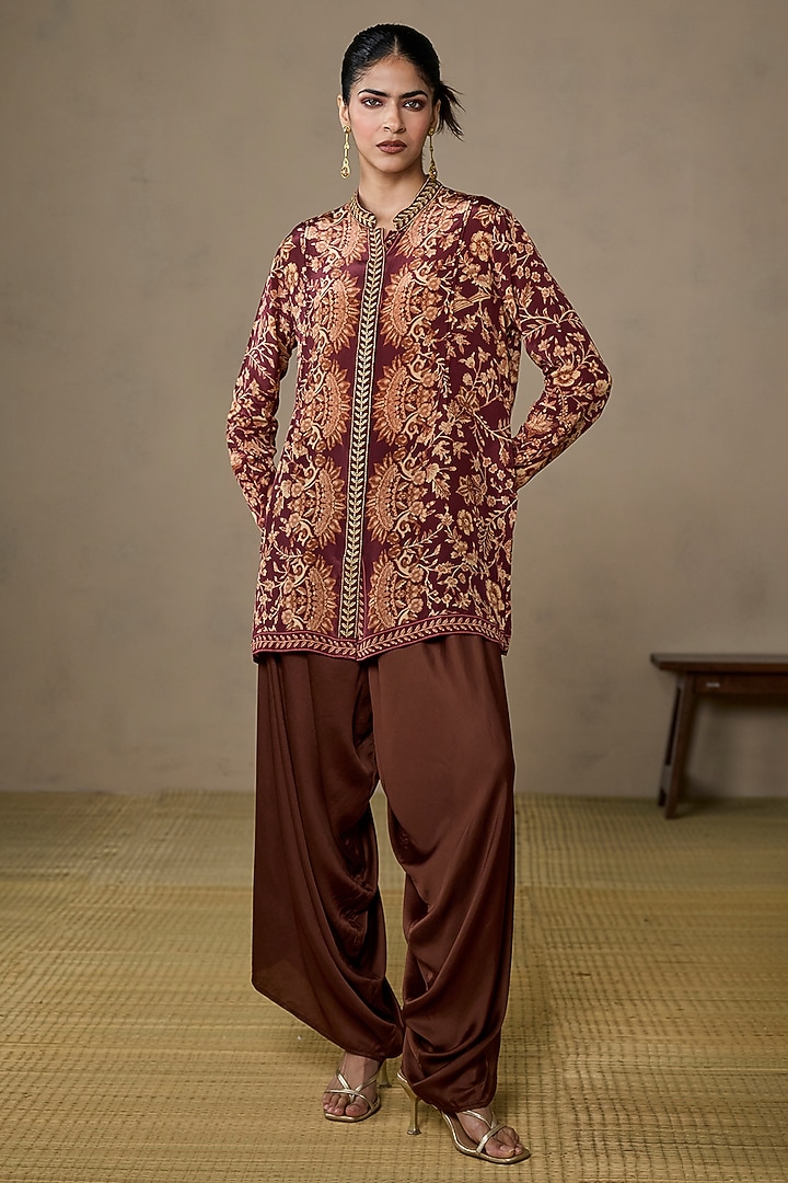 Brown & Beige Rayon Crepe Floral Kurta by Ritu Kumar at Pernia's Pop Up Shop