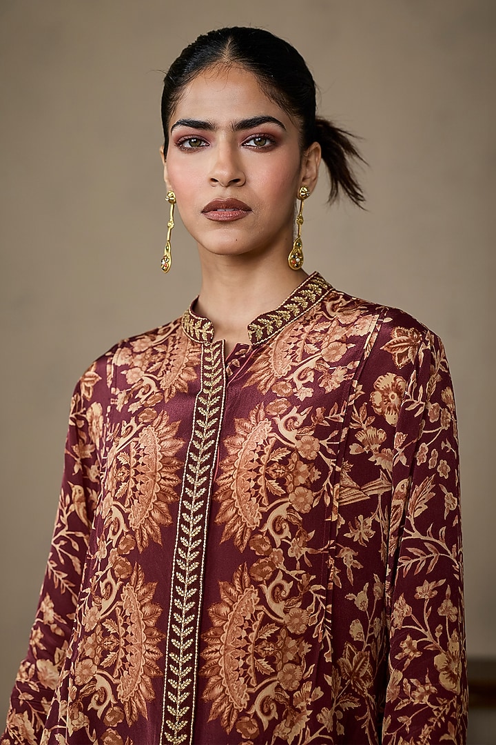 Brown & Beige Rayon Crepe Floral Kurta by Ritu Kumar at Pernia's Pop Up Shop