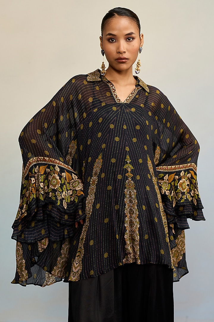 Black & Olive Green Viscose Chinon Floral Kurta by Ritu Kumar at Pernia's Pop Up Shop