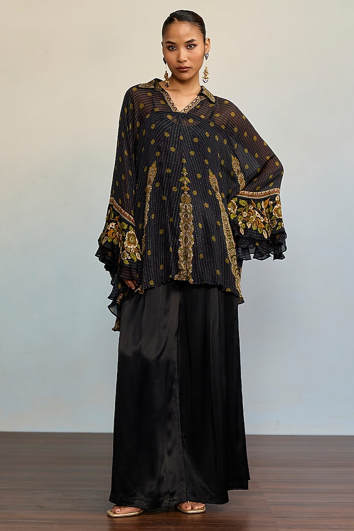 Black & Olive Green Viscose Chinon Floral Kurta by Ritu Kumar at Pernia's Pop Up Shop