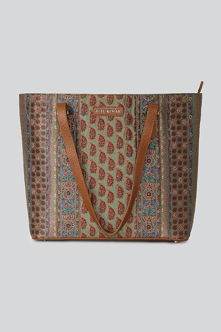 Tan Printed Tote Bag by Ritu Kumar at Pernia's Pop Up Shop