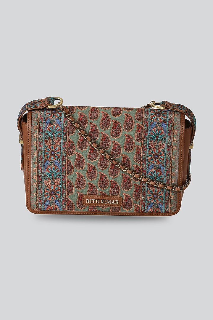 Tan Printed Flap Sling Bag by Ritu Kumar at Pernia's Pop Up Shop