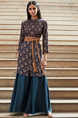 Indigo Blue Printed Shirt Kurta by Ritu Kumar