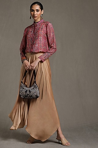 Taupe Dehri Satin Asymmetric Palazzo Pants by Ritu Kumar