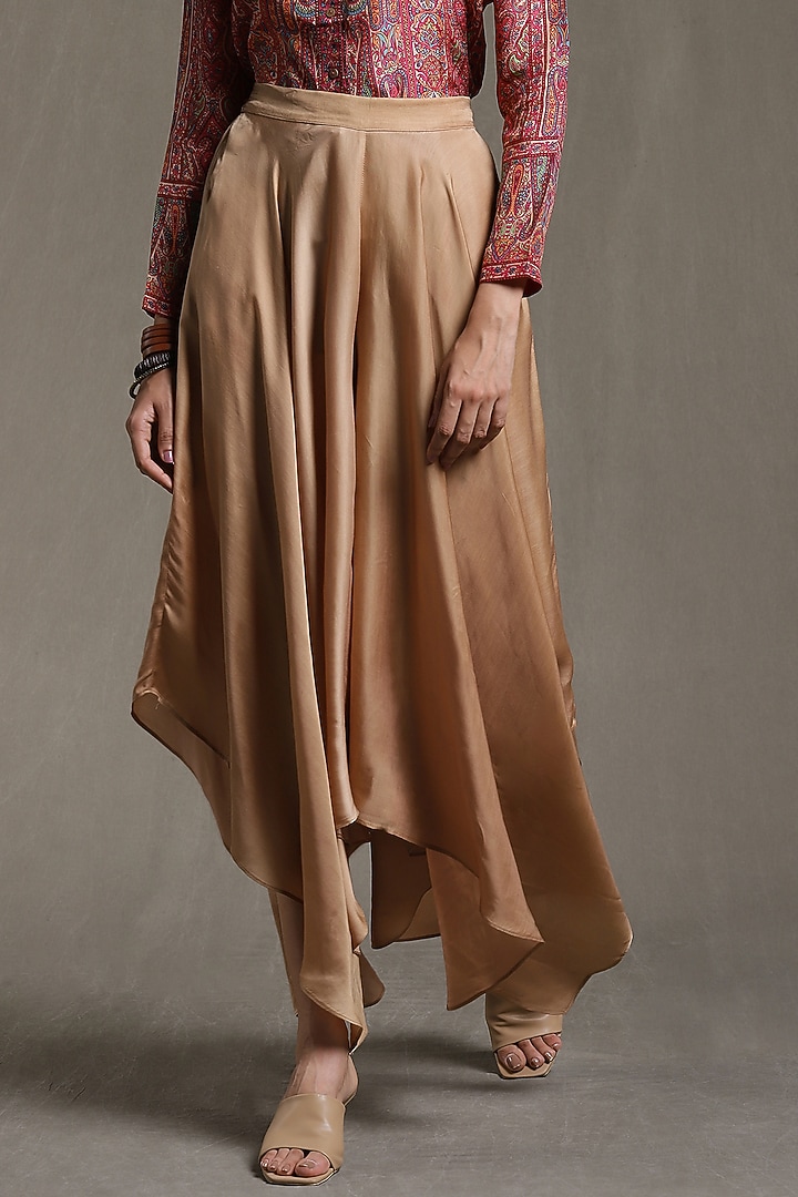Taupe Dehri Satin Asymmetric Palazzo Pants by Ritu Kumar at Pernia's Pop Up Shop