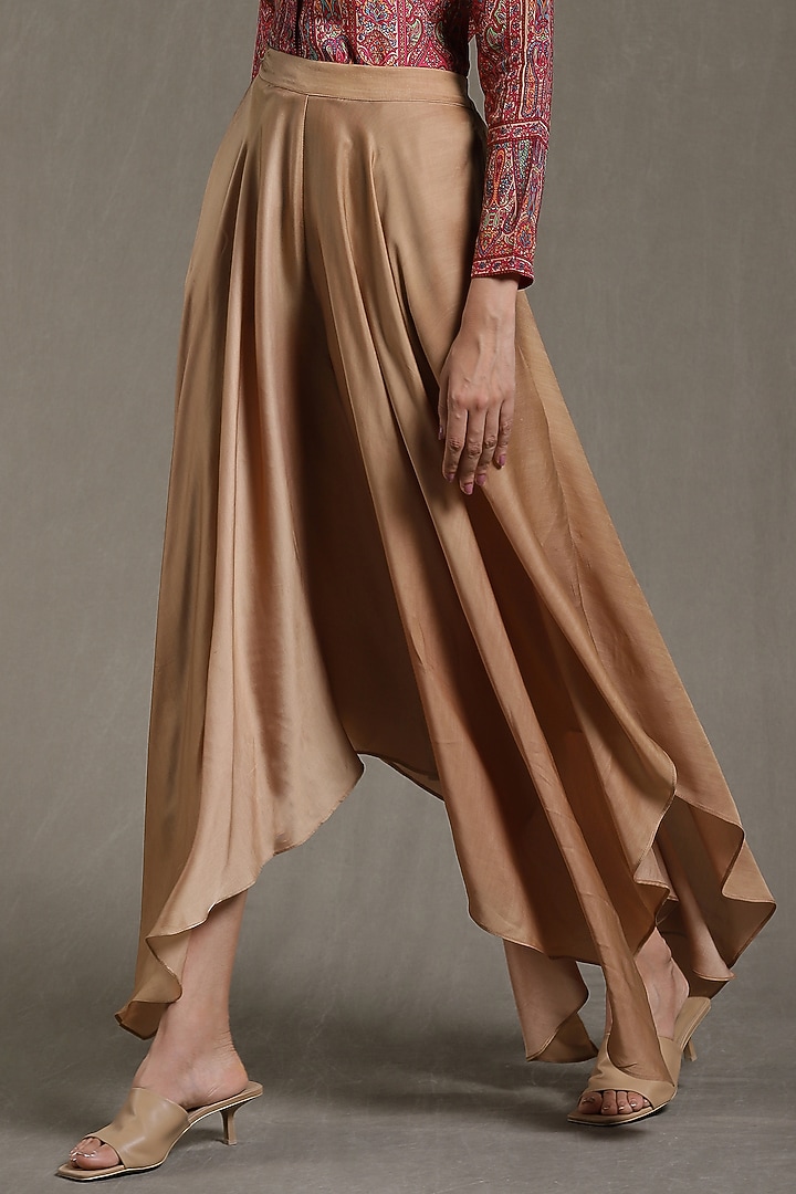 Taupe Dehri Satin Asymmetric Palazzo Pants by Ritu Kumar at Pernia's Pop Up Shop