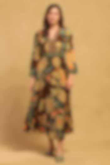 Brown Viscose Crepe Botanical Printed Maxi Dress by Ritu Kumar at Pernia's Pop Up Shop