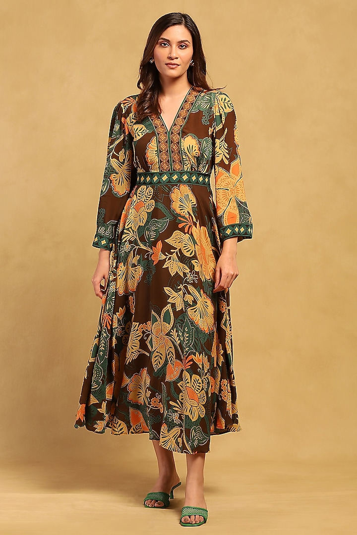 Brown Viscose Crepe Botanical Printed Maxi Dress by Ritu Kumar at Pernia's Pop Up Shop