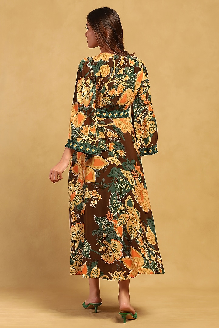 Brown Viscose Crepe Botanical Printed Maxi Summer Dress by Ritu Kumar at Pernia's Pop Up Shop