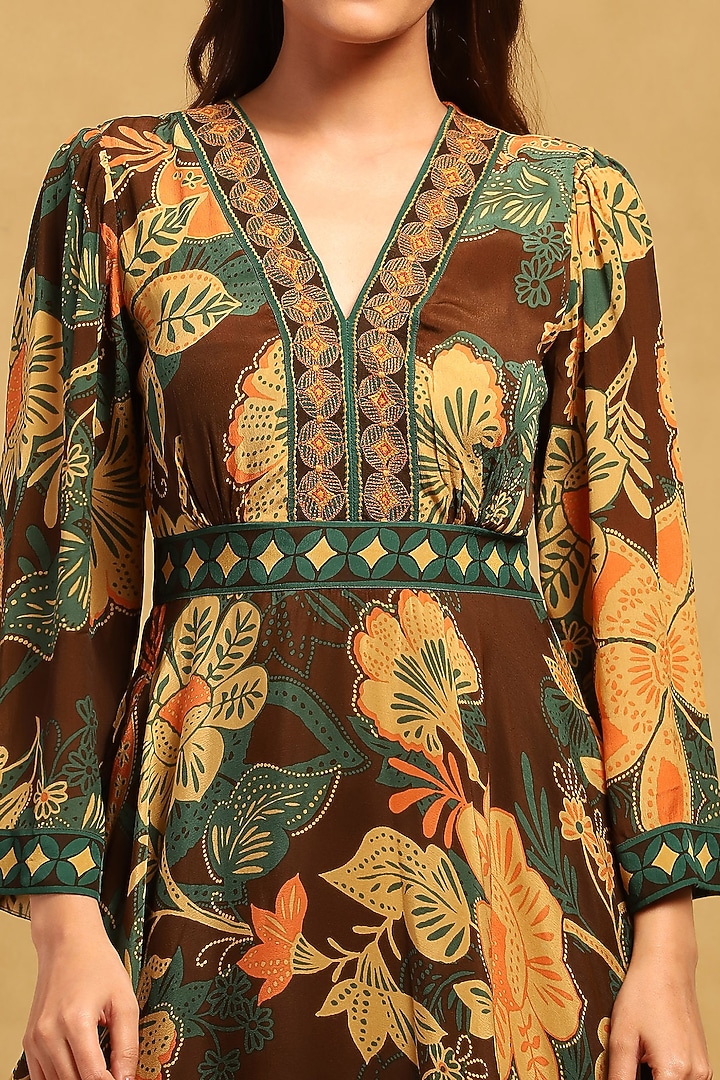 Brown Viscose Crepe Botanical Printed Maxi Summer Dress by Ritu Kumar at Pernia's Pop Up Shop